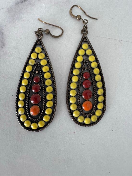 No Brand Jewelry - Women’s boho mustard yellow copper red teardrop metal earrings 2.5” hook hippie